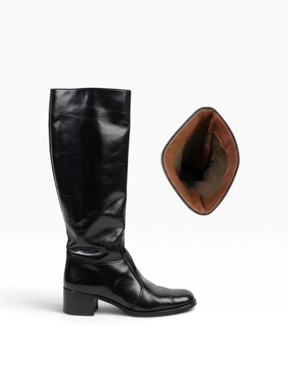 Black Leather Knee-High Block Heel Go-Go Riding Boots - 10B